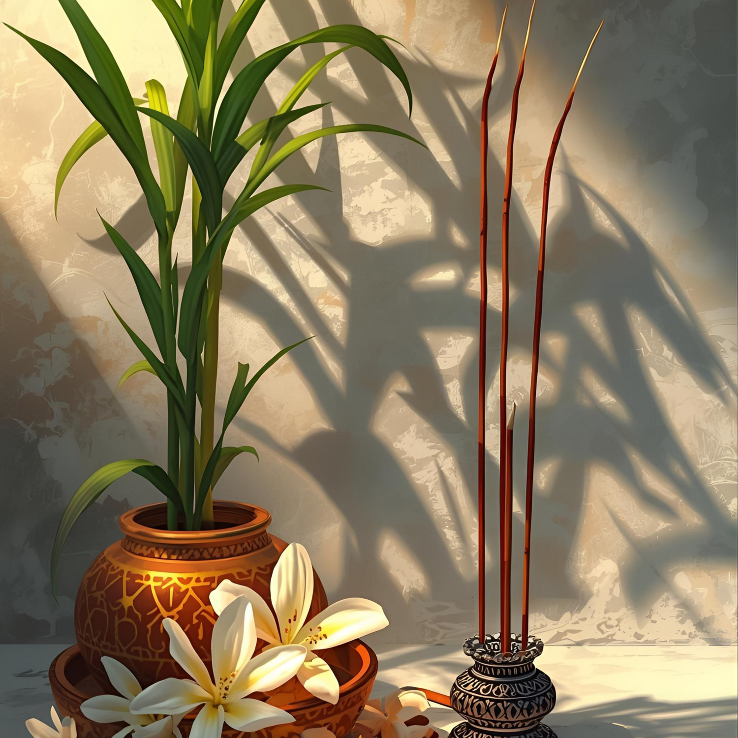 Lemongrass and Jasmine next to burning incense.