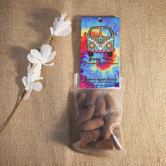 Packaged product with a colorful label on a textured brown background