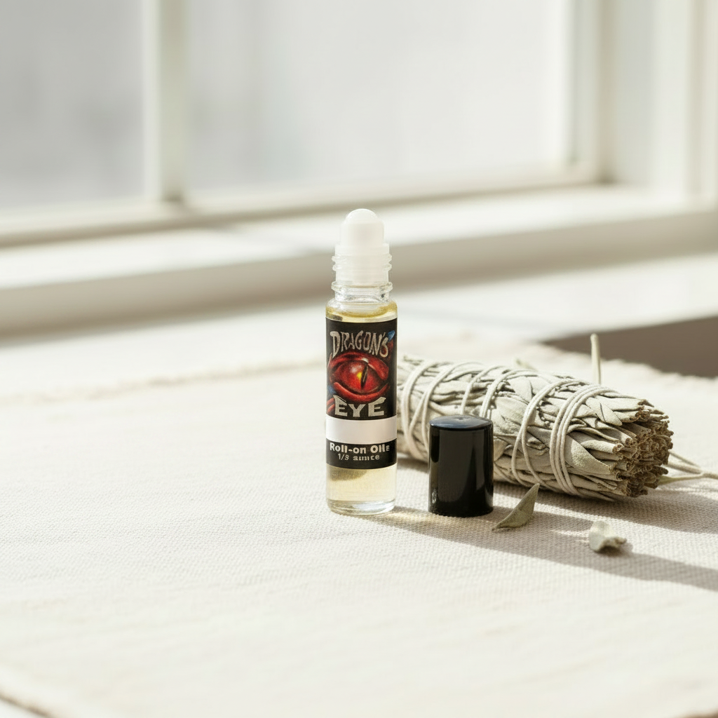 A small glass roll-on bottle labeled 'Dragons Eye' stands on a light fabric surface beside a black cap and a bundled white sage herb, with a softly blurred window background.